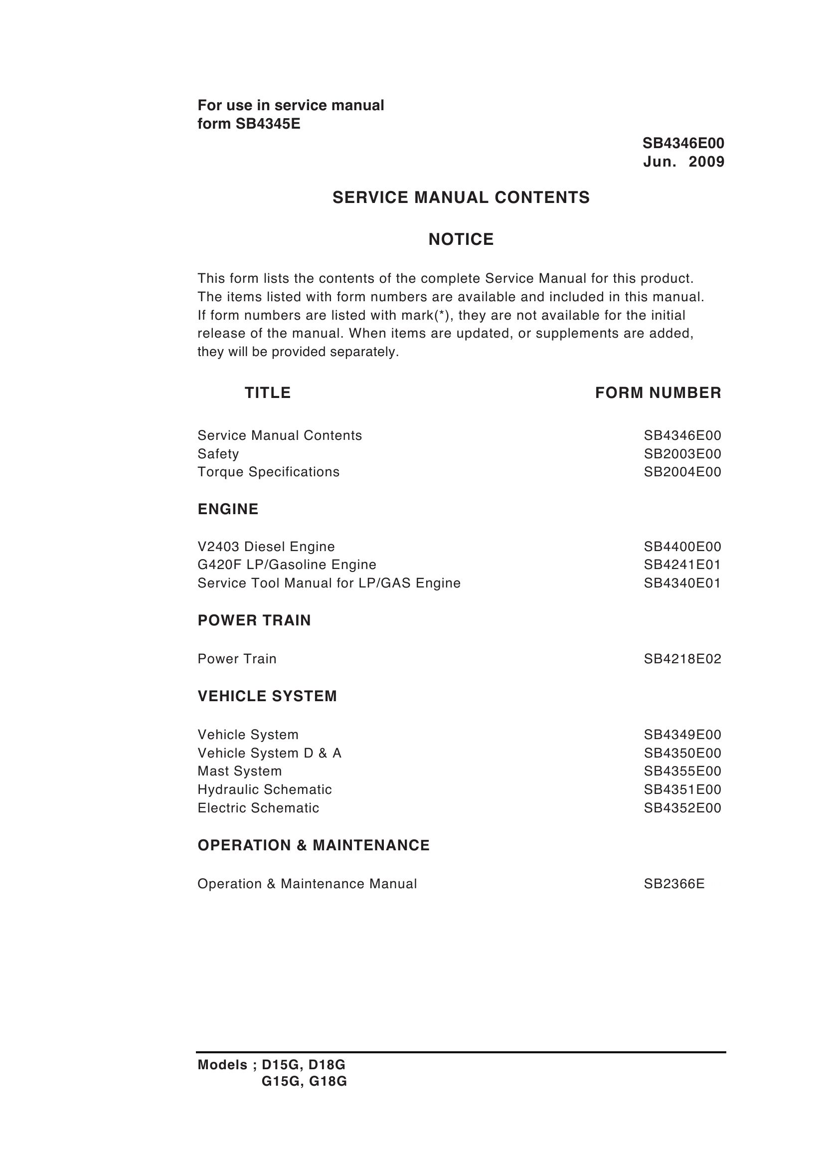 Daewoo Forklift D15G to G18G Service Manuals SB4345E00