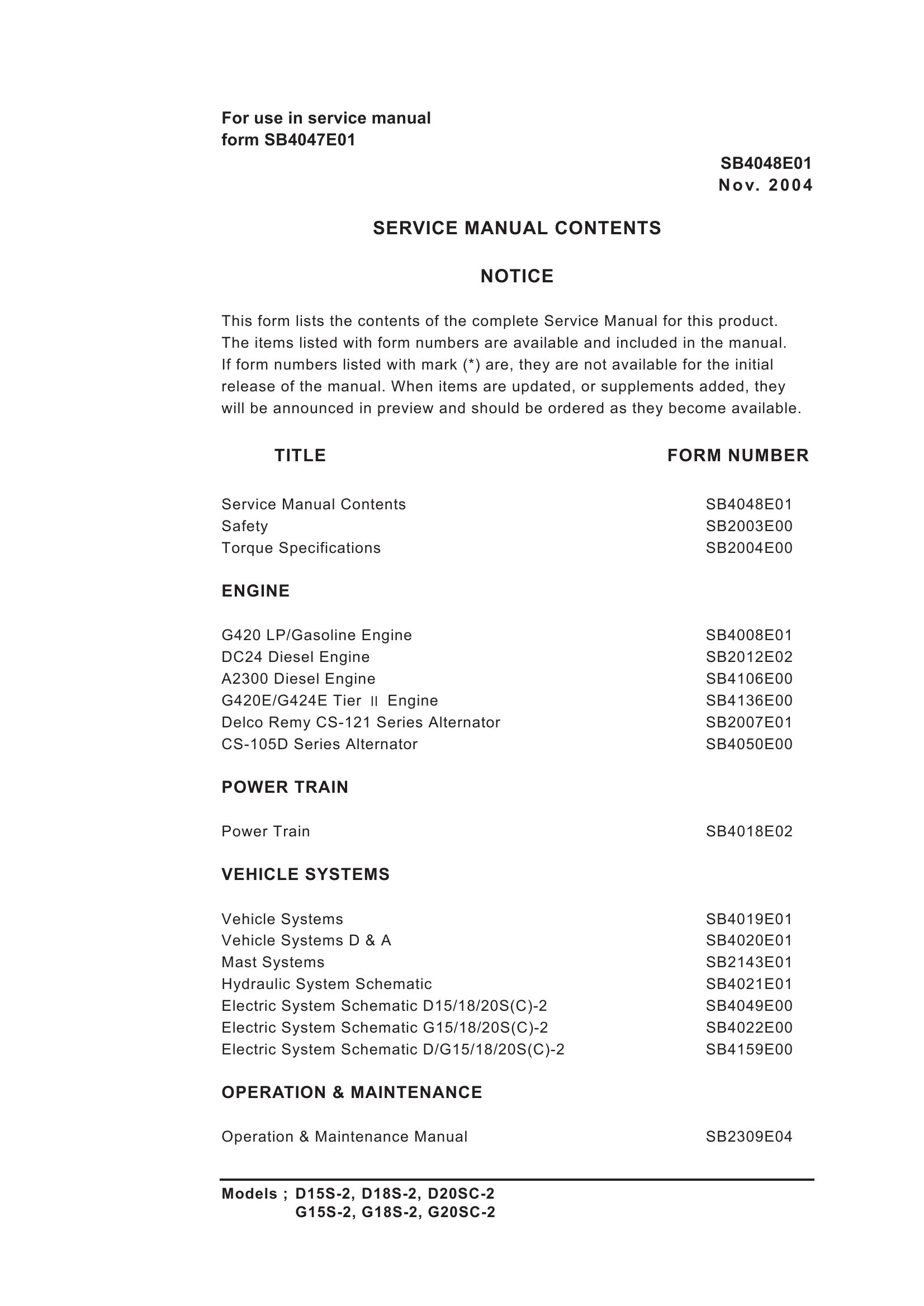 Daewoo Forklift D15S 2 to G20SC 2 Service Manuals SB4047E01