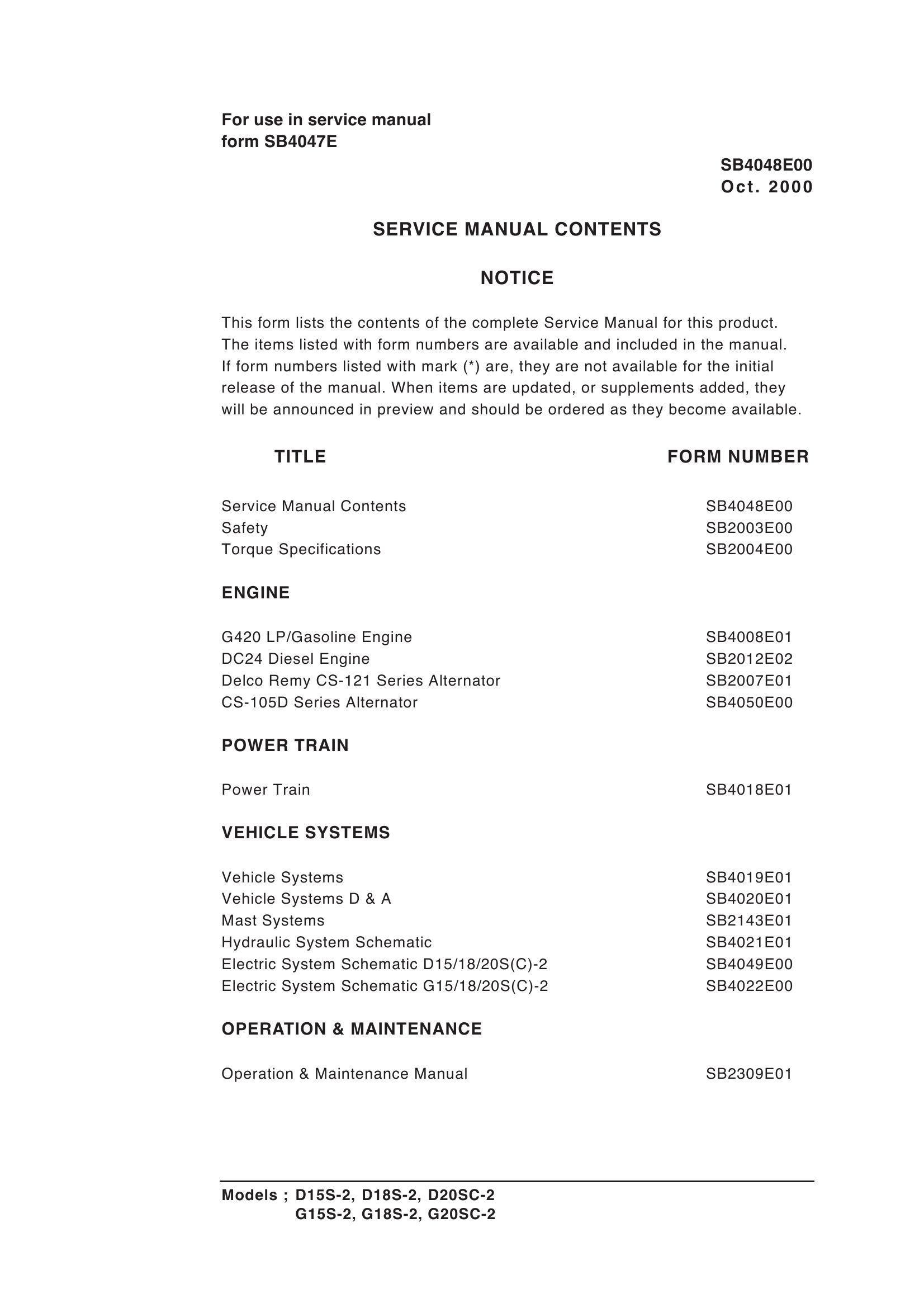 Daewoo Forklift D15S 2 to G20SC 2 Service Manuals SB4048E00