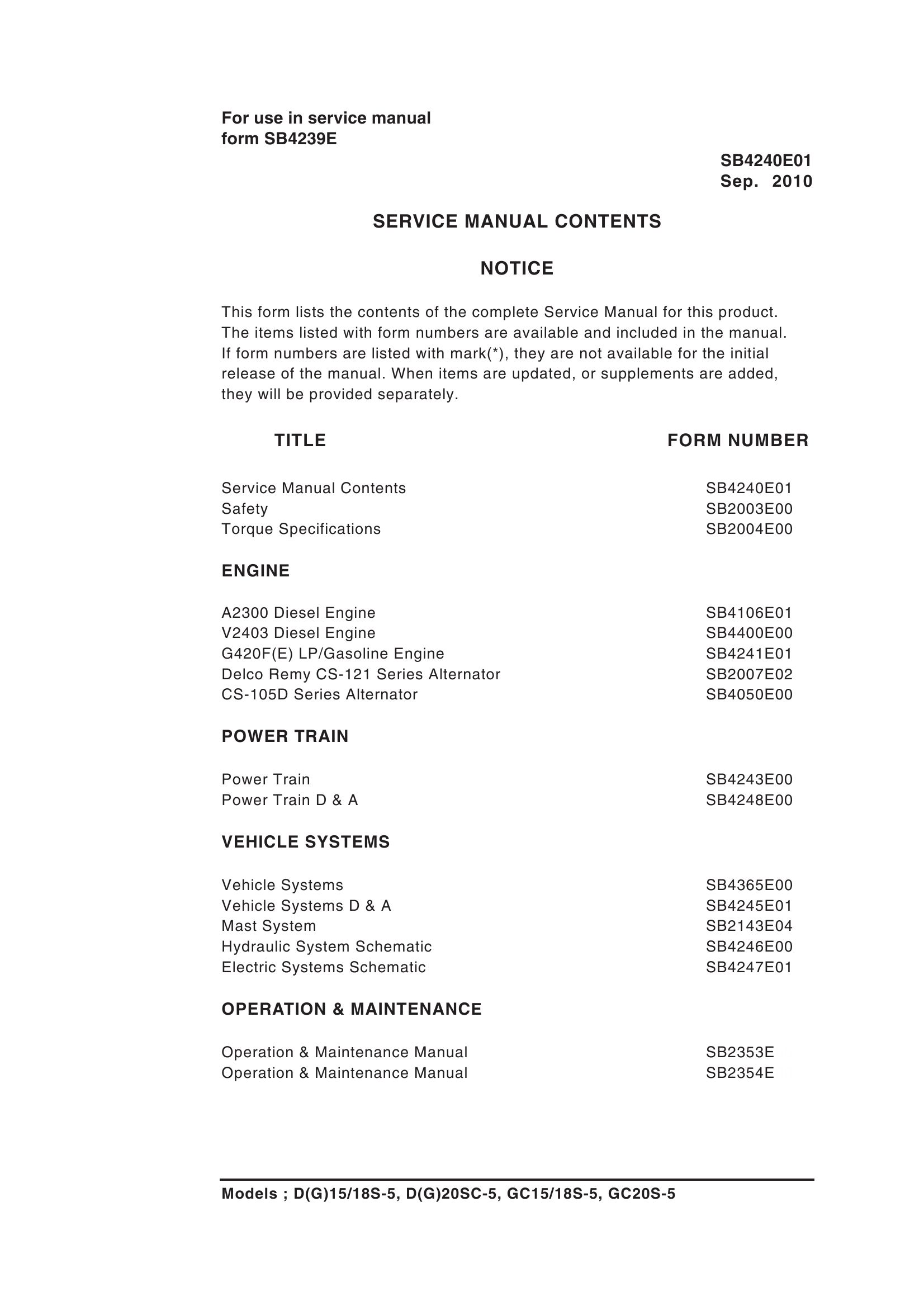 Daewoo Forklift D15S 5 to GC20S 5 Service Manuals SB4240E01