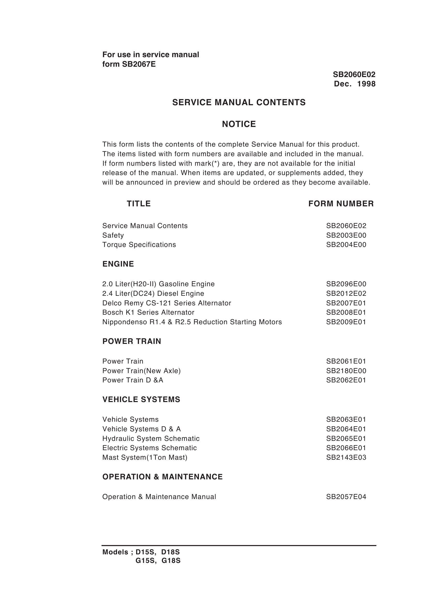 Daewoo Forklift D15S to G18S Service Manuals SB2060E02