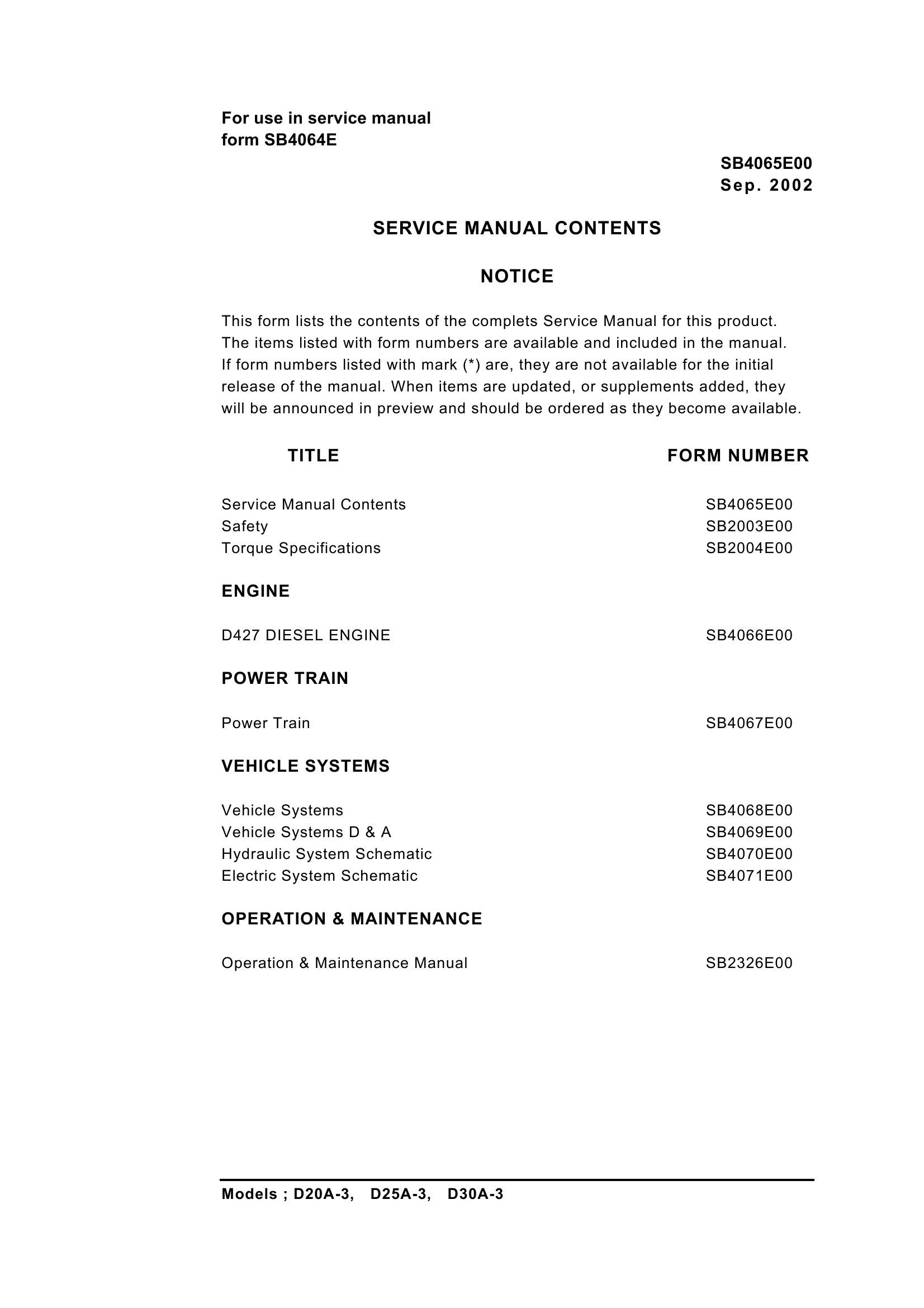 Daewoo Forklift D20A 3 to D30A 3 Service Manuals SB4065E00
