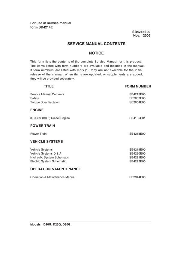 Daewoo Forklift D20G to D30G Service Manuals SB4215E00