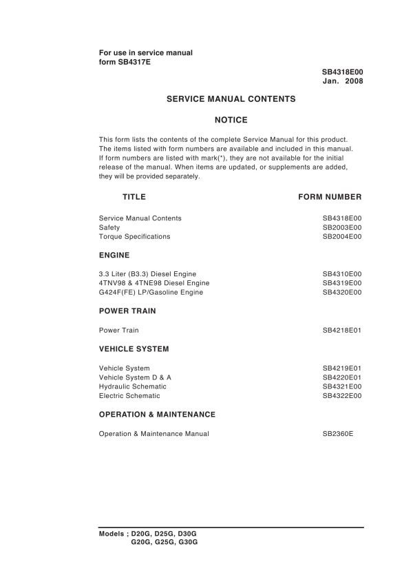 Daewoo Forklift D20G to G30G Service Manuals SB4318E00
