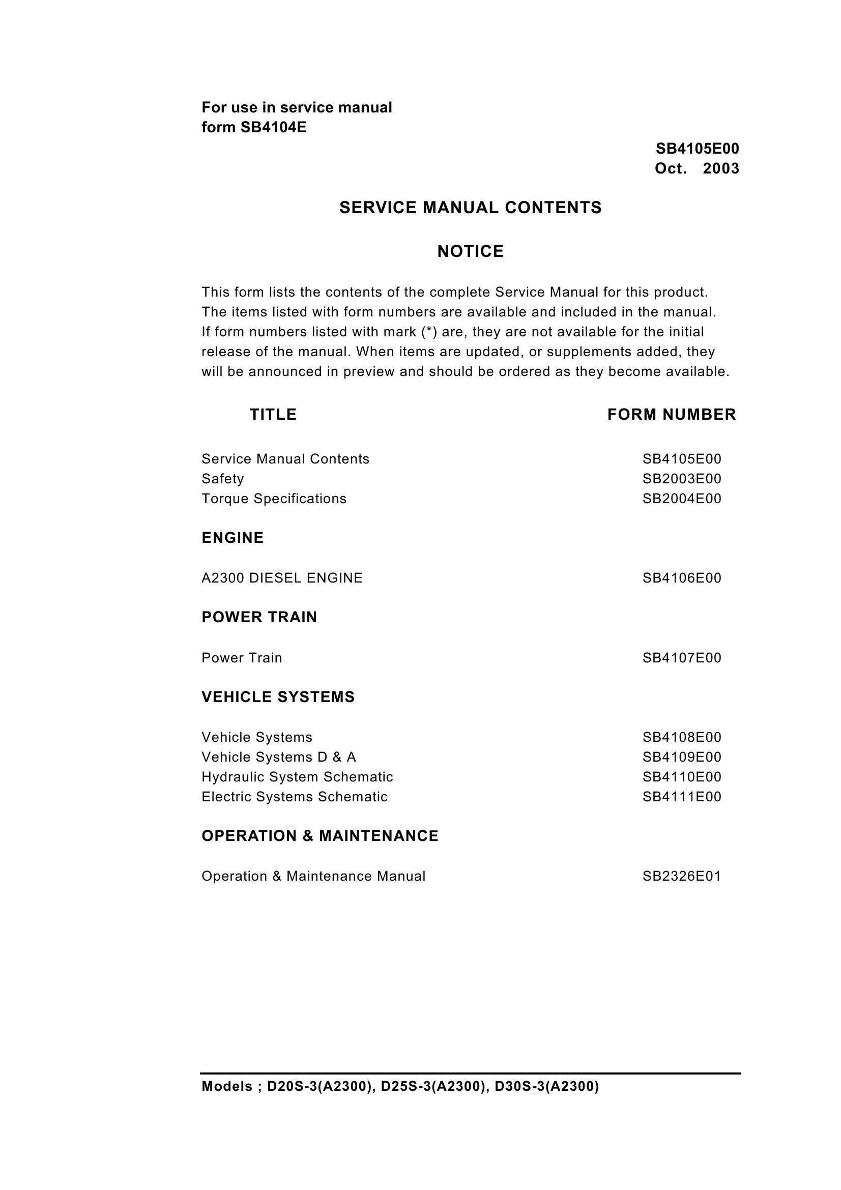 Daewoo Forklift D20S 3 to D30S 3 Service Manuals SB4105E00