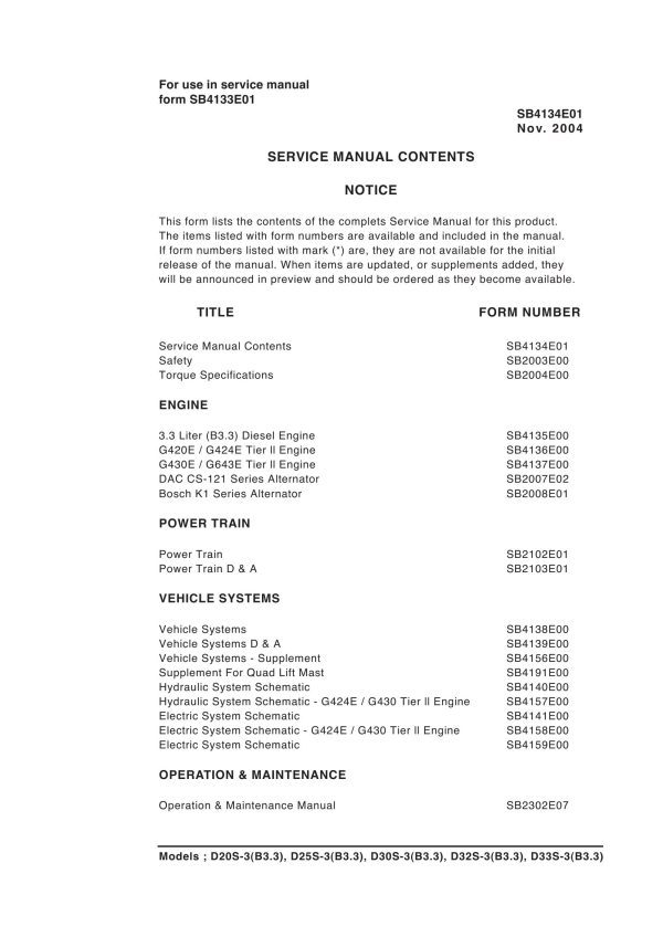 Daewoo Forklift D20S 3 to D33S 3 Service Manuals SB4133E01
