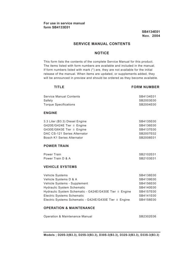 Daewoo Forklift D20S 3 to D33S 3 Service Manuals SB4134E01