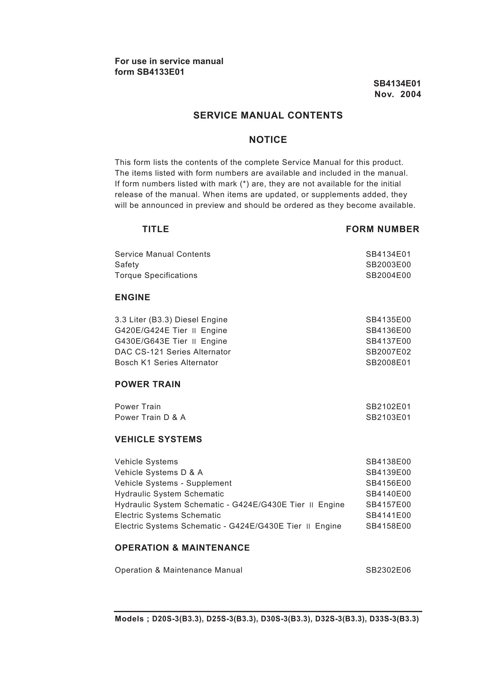 Daewoo Forklift D20S 3 to D33S 3 Service Manuals SB4134E01