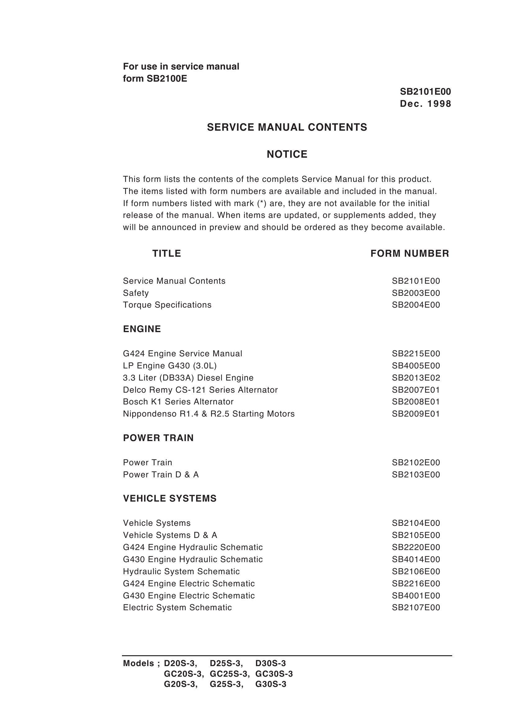 Daewoo Forklift D20S 3 to G30S 3 Service Manuals SB2101E00