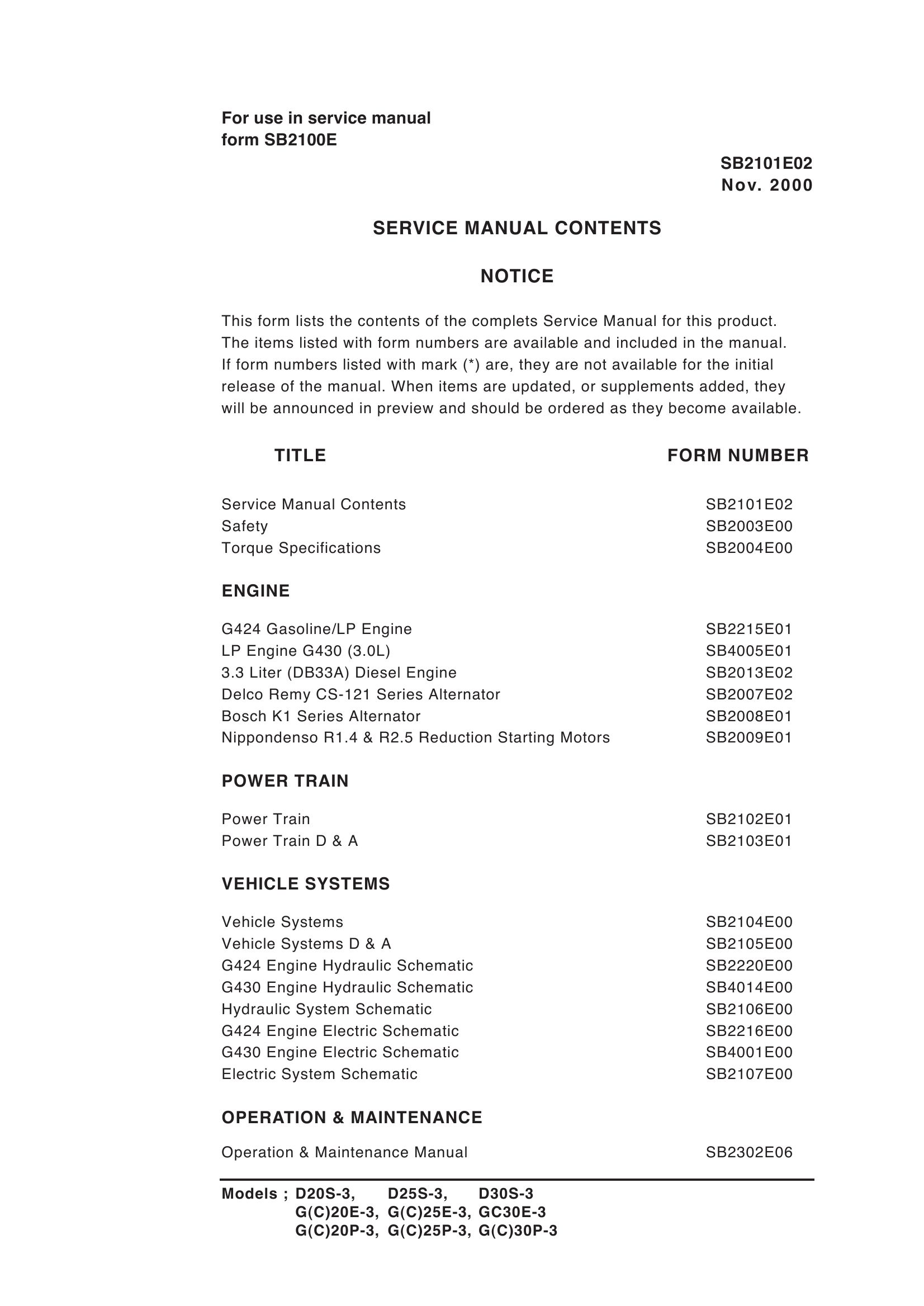 Daewoo Forklift D20S 3 to GC30P 3 Service Manuals SB2101E02