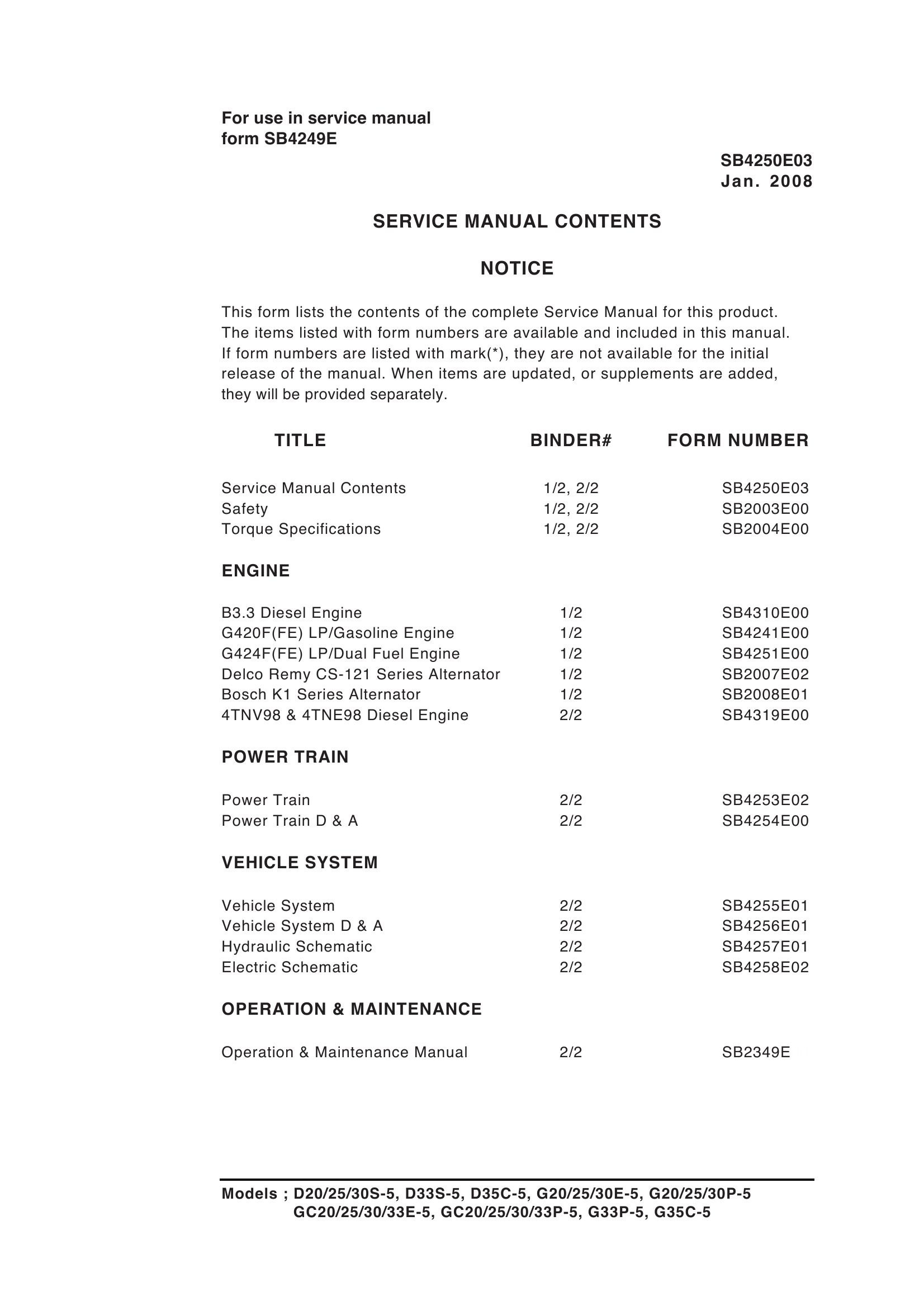 Daewoo Forklift D20S 5 to G35C 5 Service Manuals SB4249E03