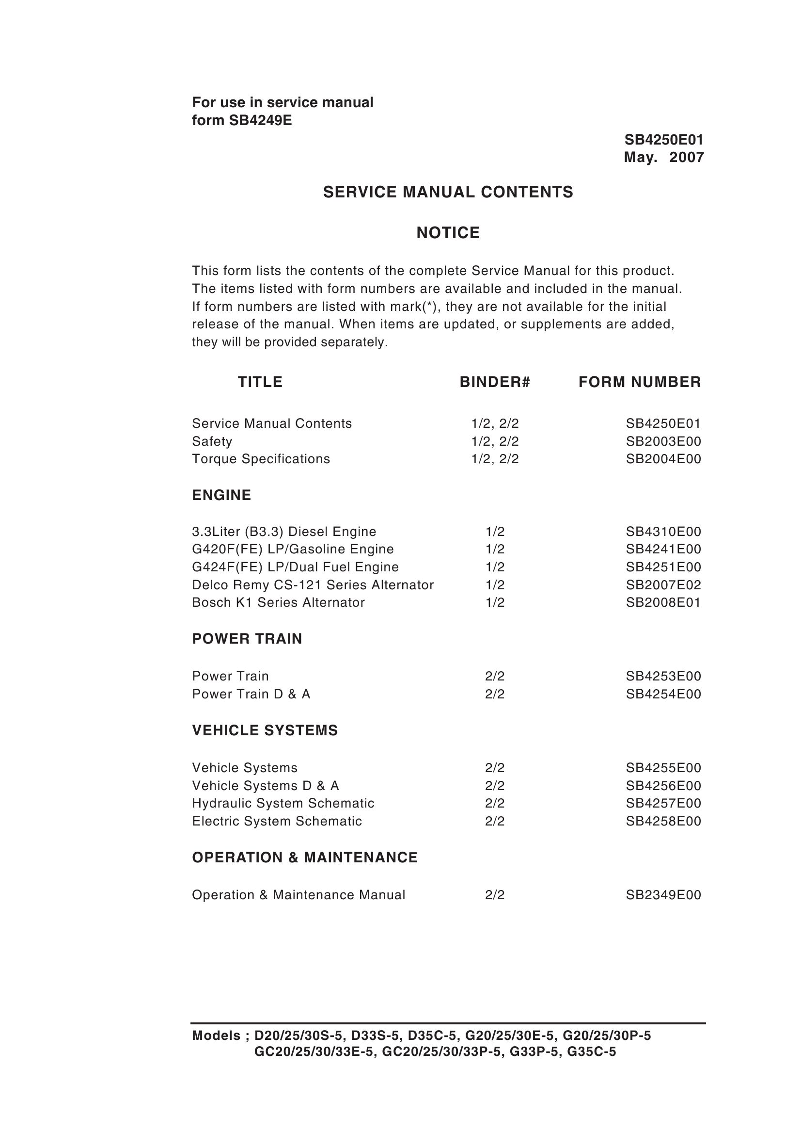 Daewoo Forklift D20S 5 to G35C 5 Service Manuals SB4250E01