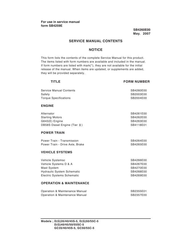 Daewoo Forklift D35S 5 to GC55C 5 Service Manuals SB4259E00