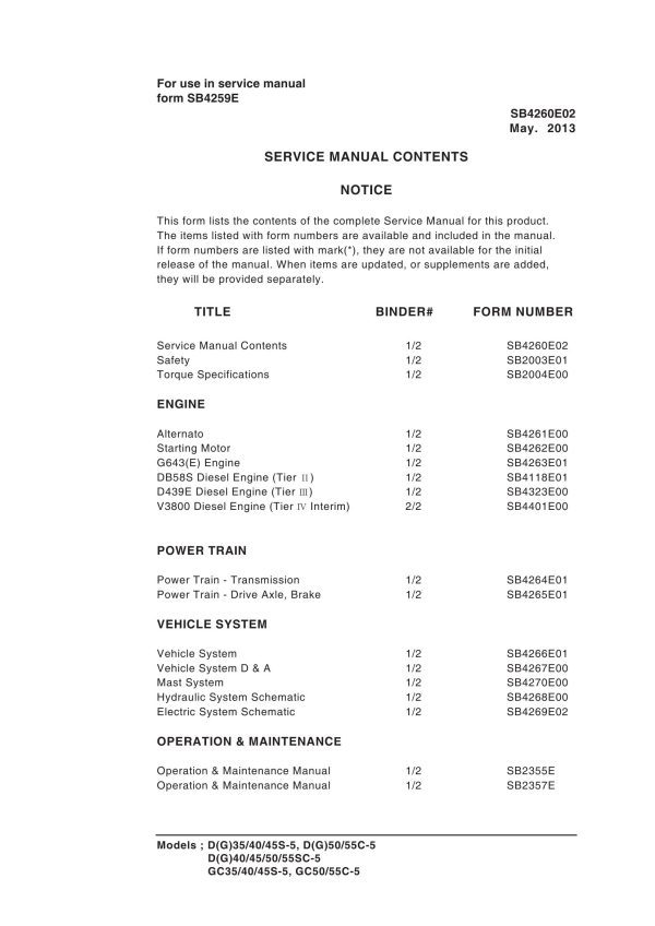 Daewoo Forklift D35S 5 to GC55C 5 Service Manuals SB4260E02