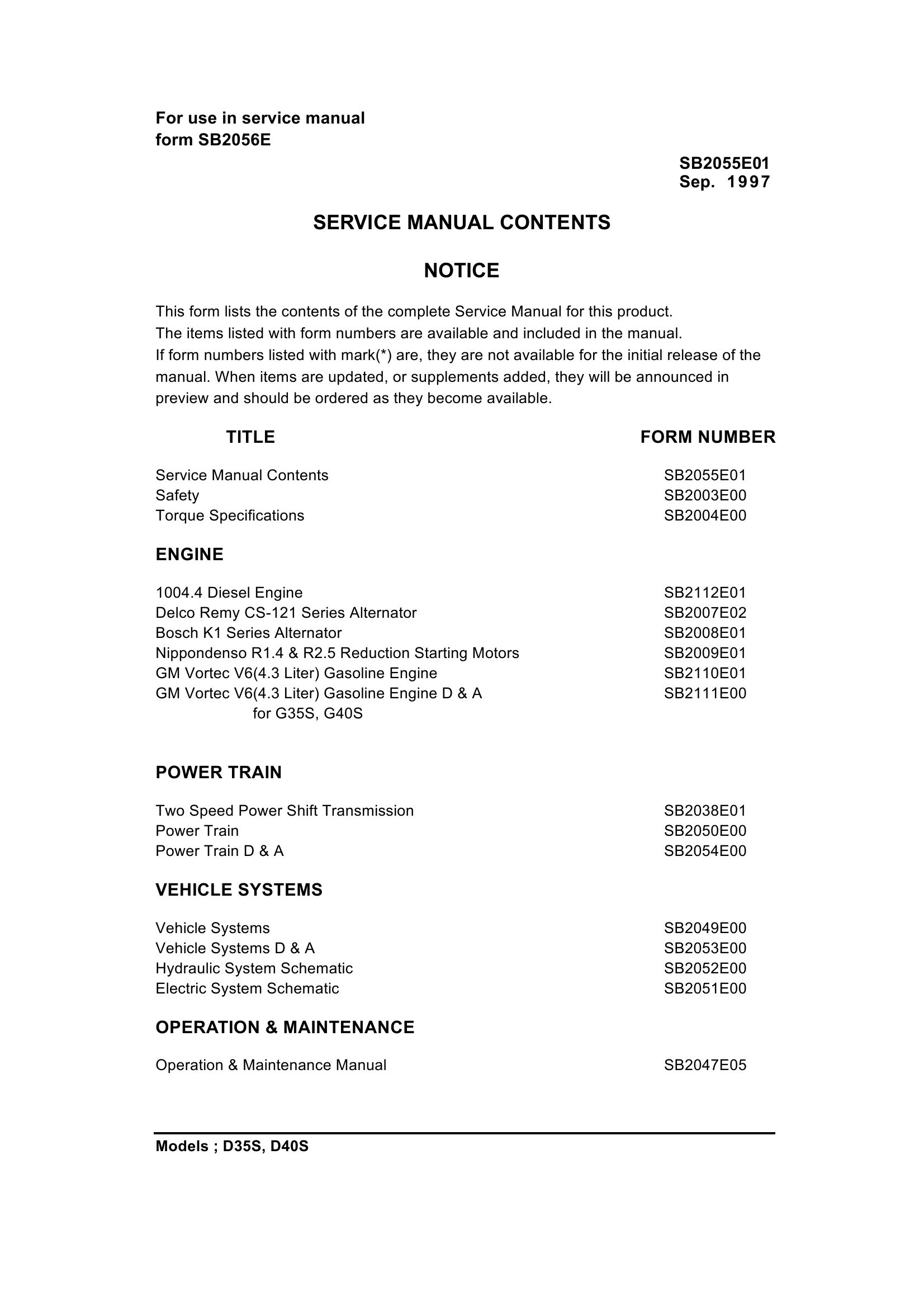 Daewoo Forklift D35S D40S Service Manuals SB2055E01