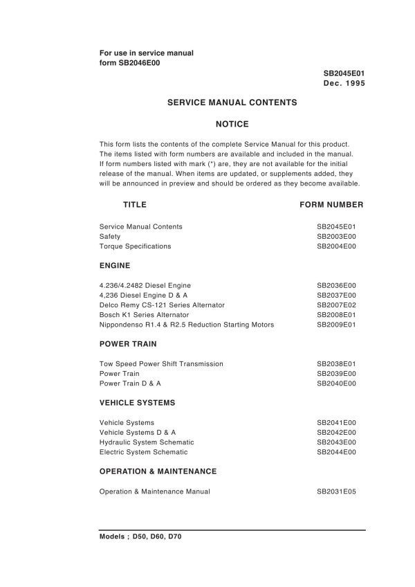 Daewoo Forklift D50 to D70 Service Manuals SB2045E01