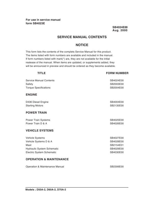Daewoo Forklift D50A 2 to D70A 2 Service Manuals SB4024E00