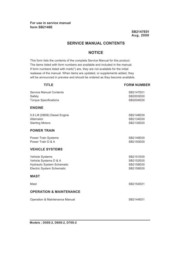 Daewoo Forklift D50S 2 to D70S 2 Service Manuals SB2147E01
