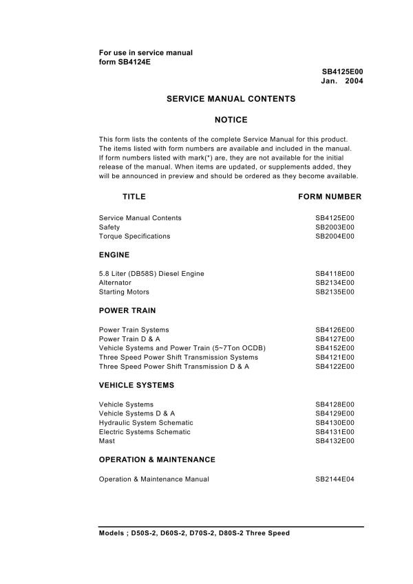 Daewoo Forklift D50S 2 to D80S 2 Service Manuals SB4125E00
