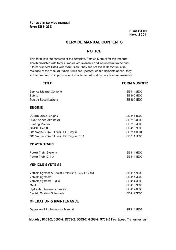 Daewoo Forklift D50S 2 to G70S 2 Service Manuals SB4142E00