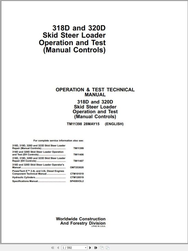 John Deere Skid Steer Loader 318D 320D Operation Test Technical Manual TM11398 1