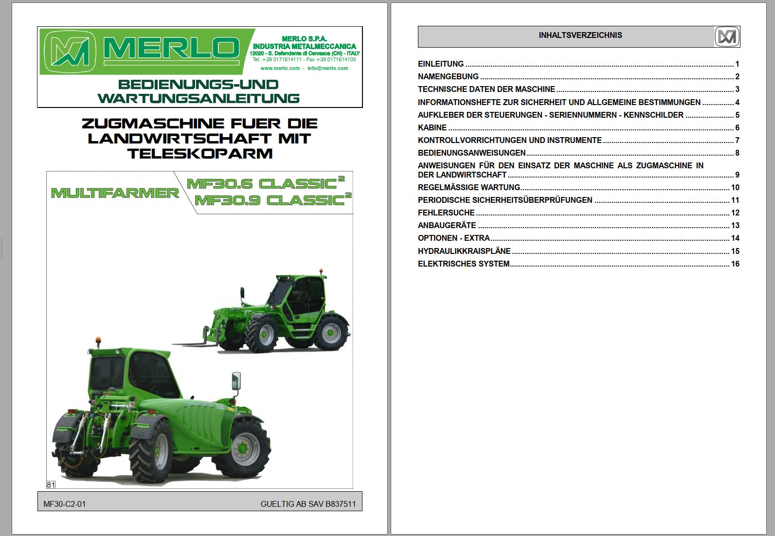 001 Merlo Multifarmer MF30.6 MF30.9 Classic Service Manuals DE