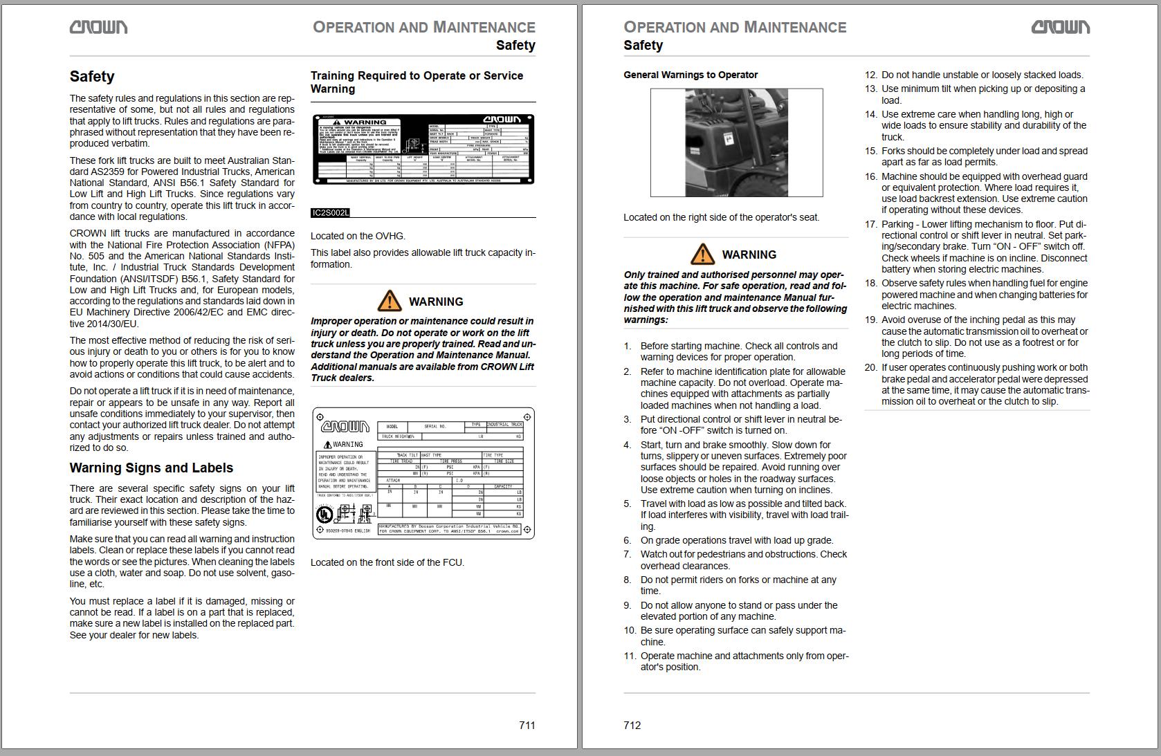 Crown IC C G Pneumatic 5 Series 7 12K Operation Maintenance Service Manual