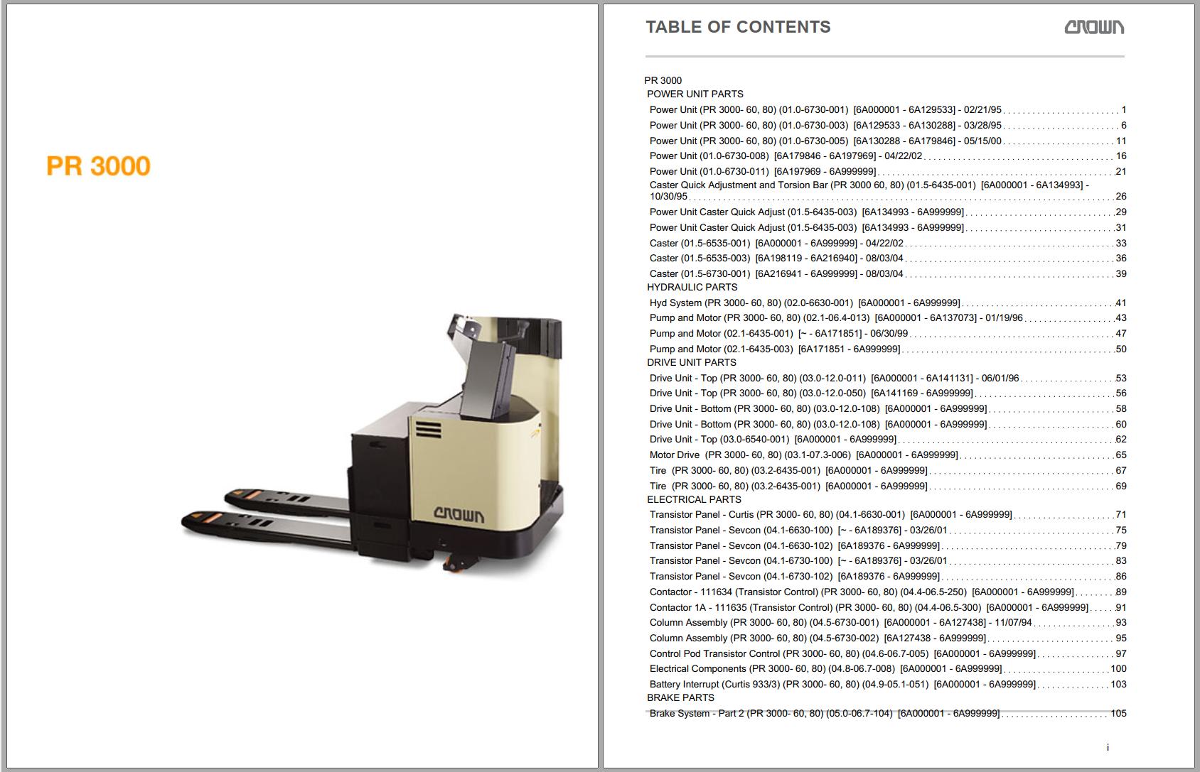 Crown Pallet PR 3000 Parts Catalog Service Manual