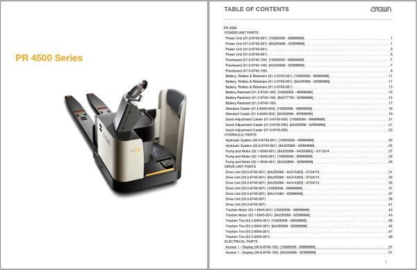 Crown Pallet PR 4500 Parts Catalog Service Manual