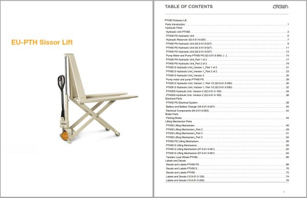 Crown Pallet PTH50 Scissors Lift Parts Catalog Service Manual