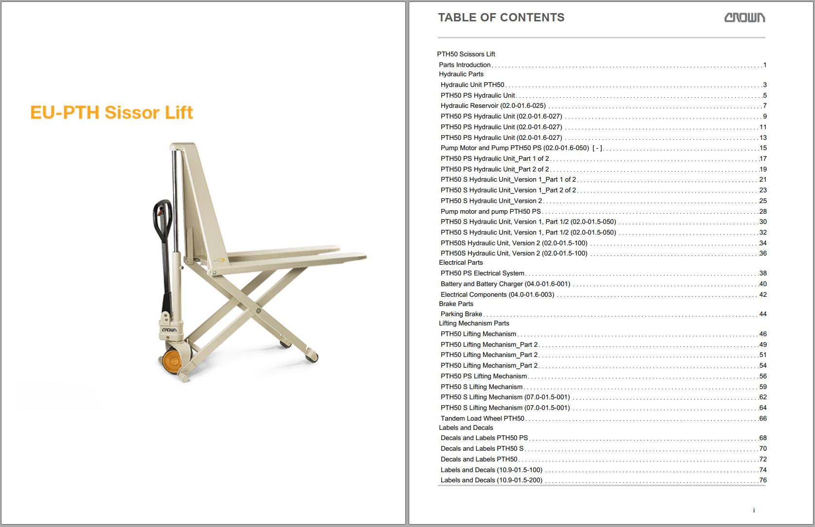 Crown Pallet PTH50 Scissors Lift Parts Catalog, Service Manual