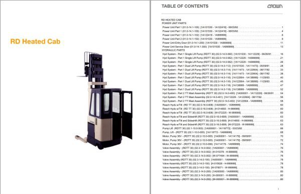 Crown Reach RD Heated Cab Parts Catalog Service Manual