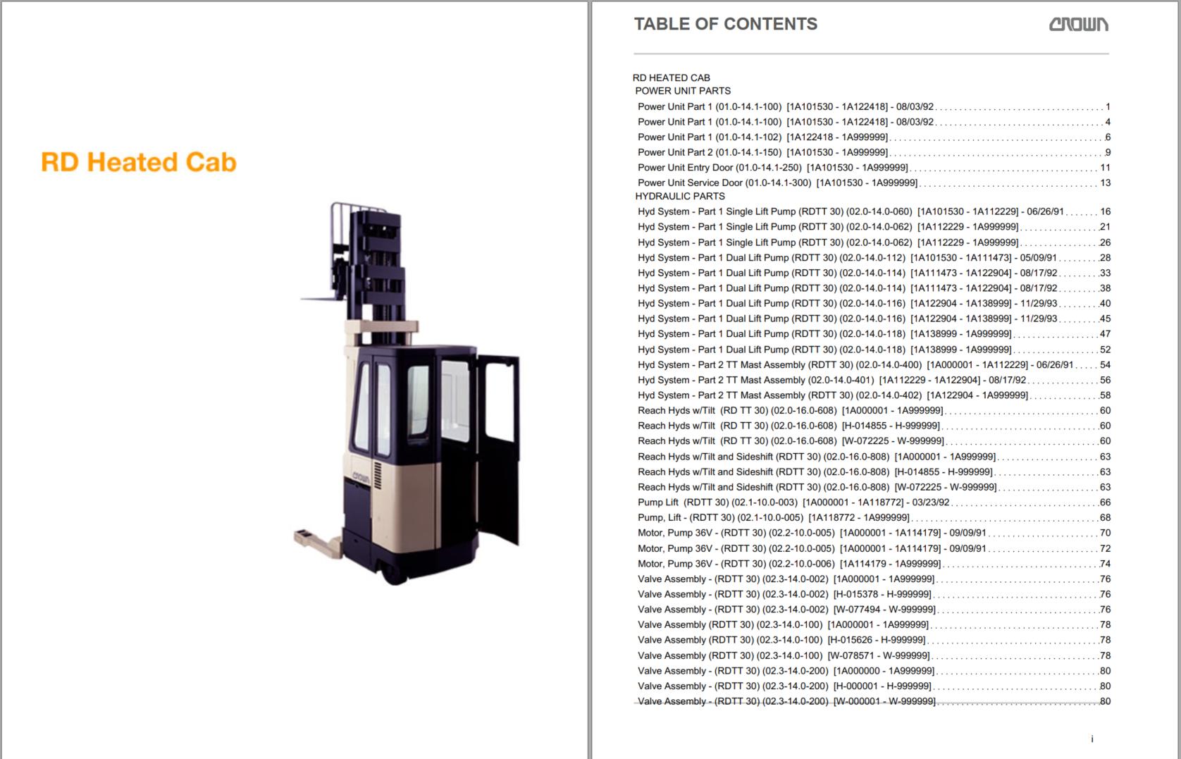 Crown Reach RD Heated Cab Parts Catalog Service Manual