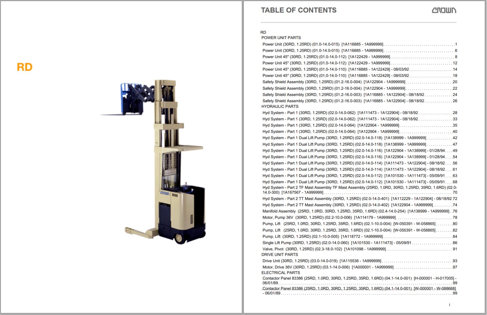 Crown Reach RD Parts Catalog Service Manual
