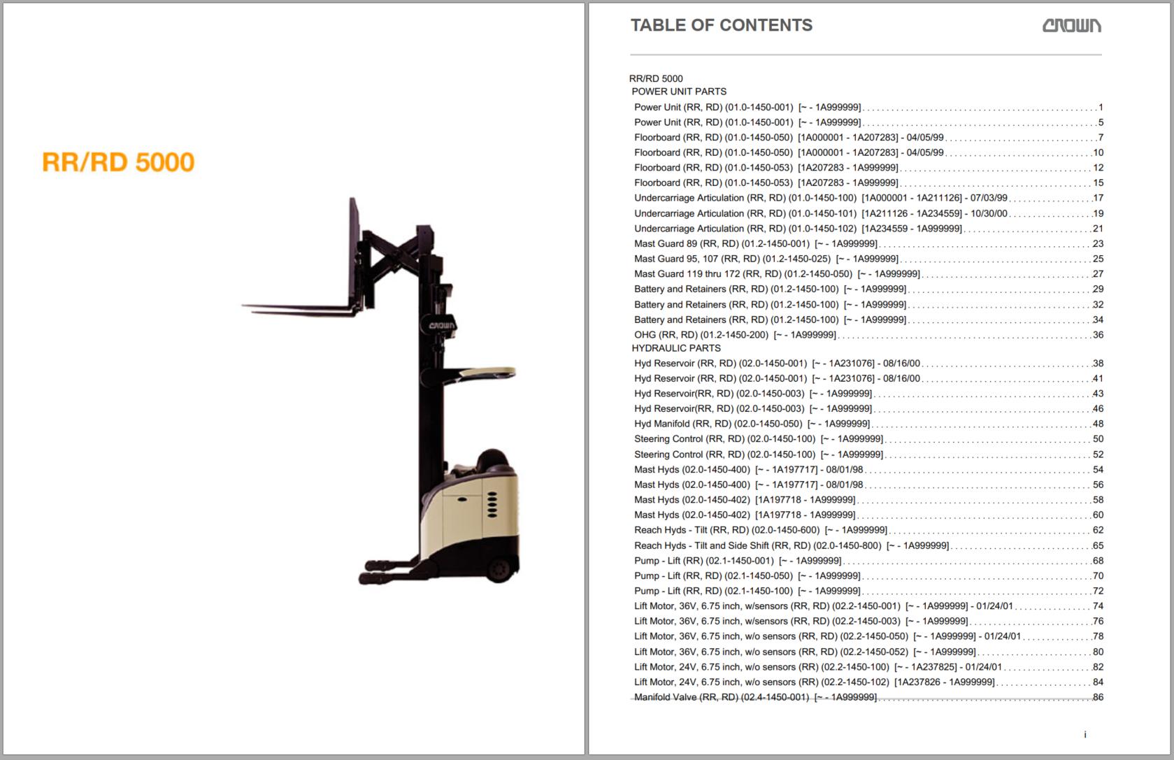 Crown Reach RR 5000 Parts Catalog Service Manual