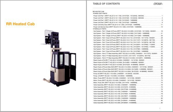 Crown Reach RR Heated Cab Parts Catalog Service Manual