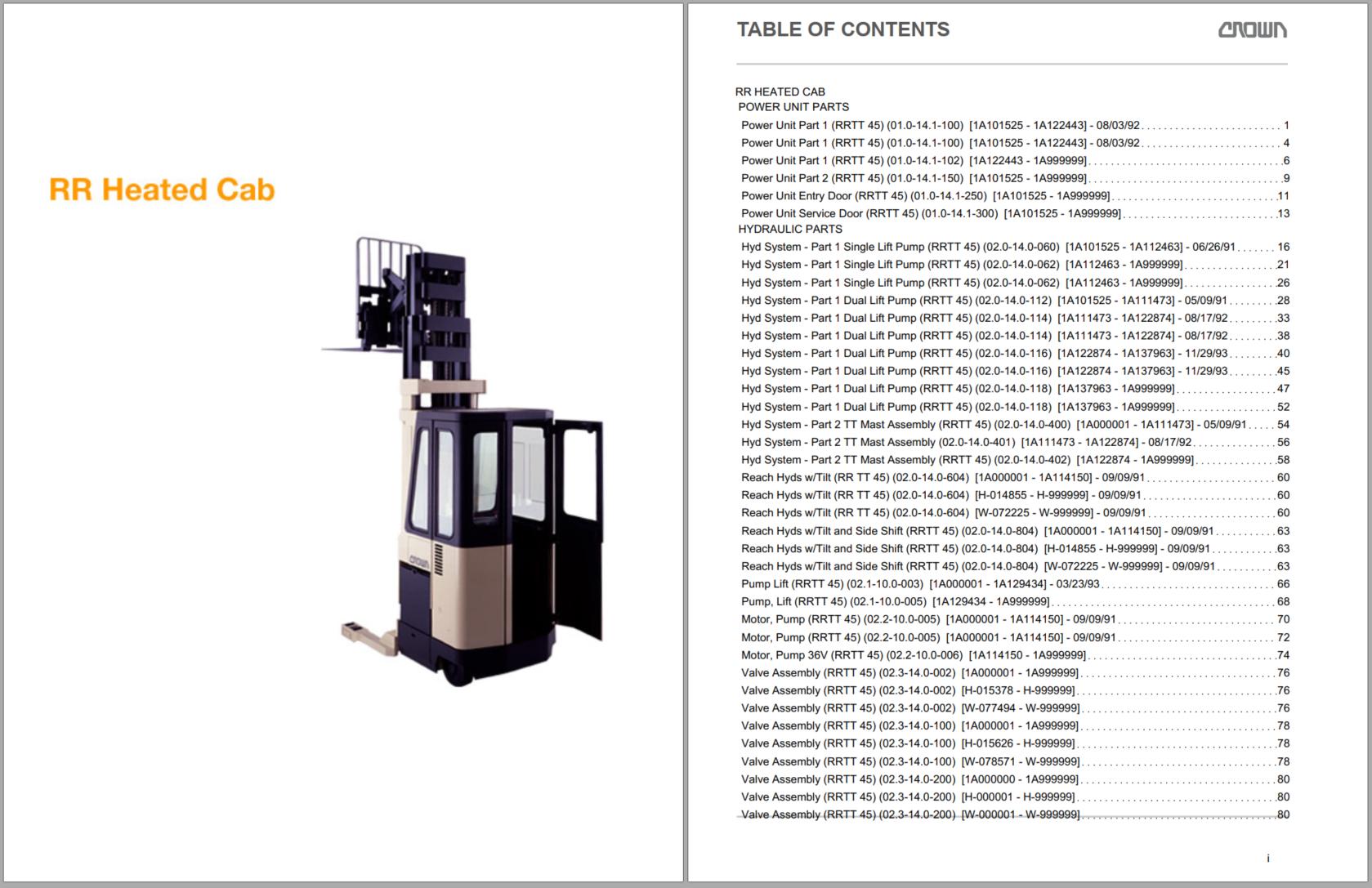 Crown Reach RR Heated Cab Parts Catalog Service Manual