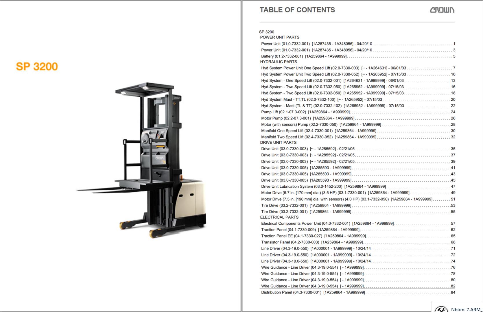 Crown Stock Picker SP 3200 Parts Catalog Service Manual