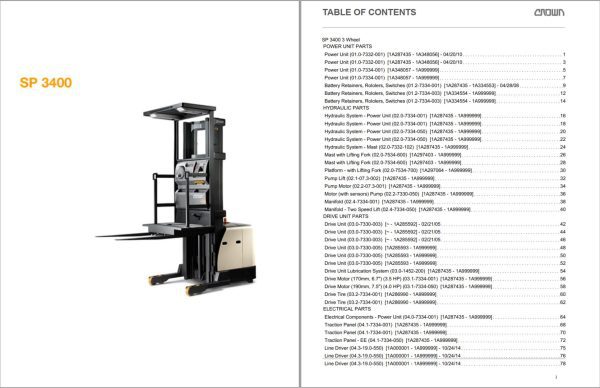 Crown Stock Picker SP 3400 3 Wheel Parts Catalog Service Manual
