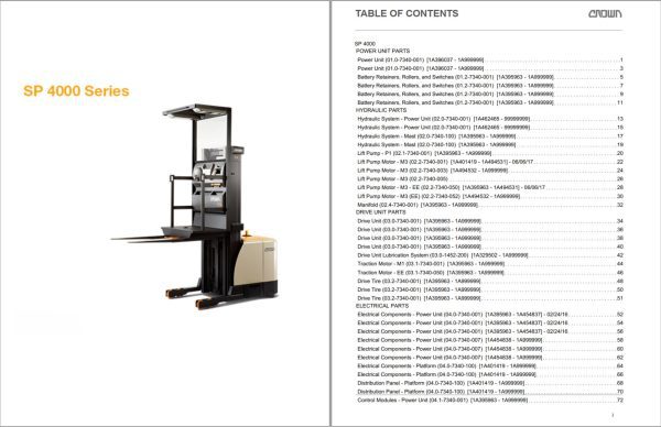 Crown Stock Picker SP 4000 Parts Catalog Service Manual