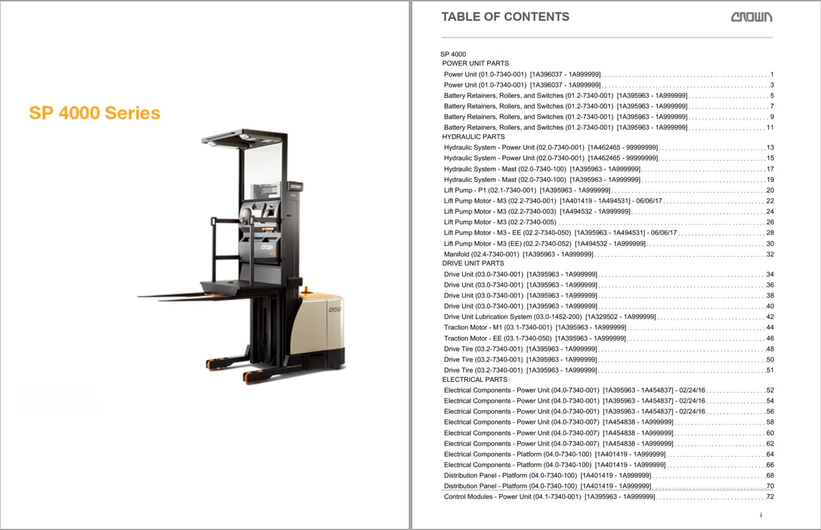 Crown Stock Picker SP 4000 Parts Catalog Service Manual