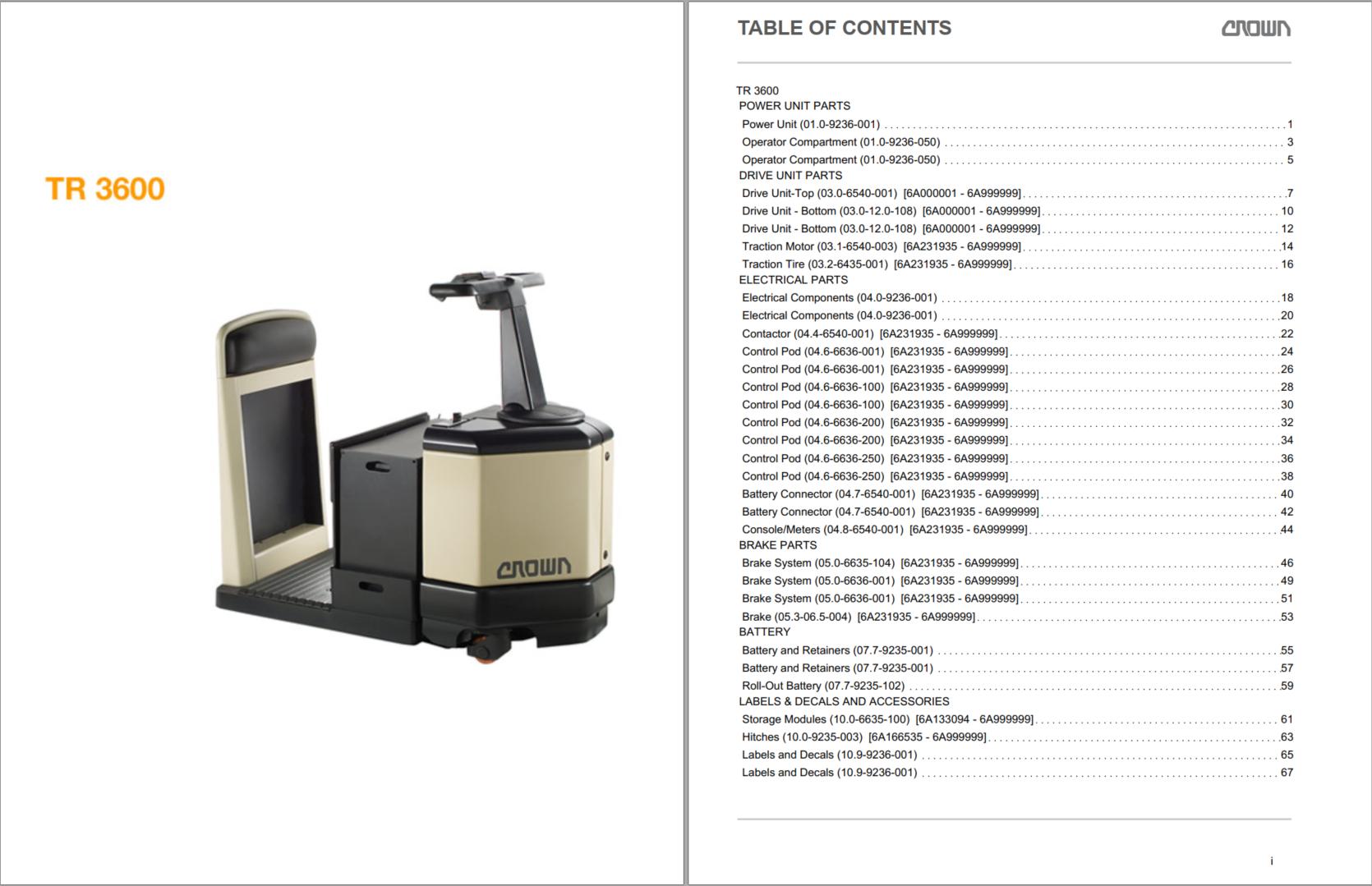 Crown Tow Tractor TR 3600 Parts Catalog Service Manual