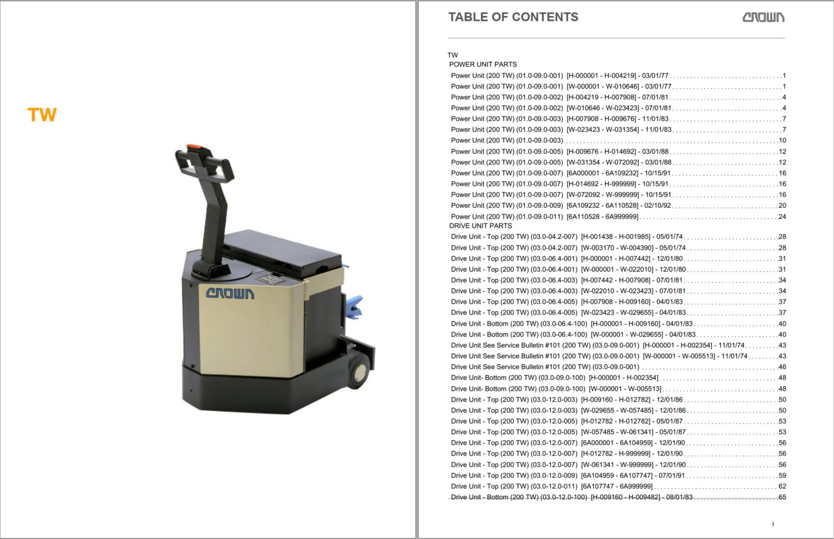 Crown Tow Tractor TW Parts Catalog Service Manual