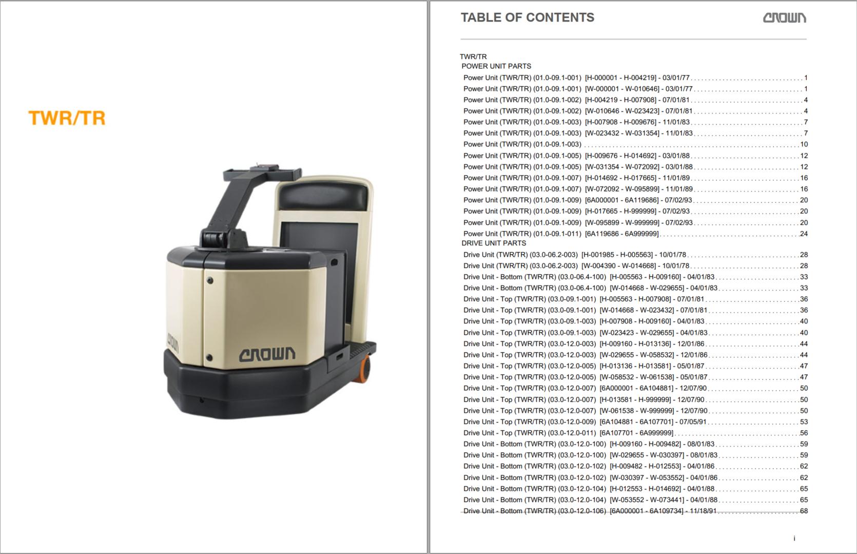 Crown Tow Tractor TWR TR Parts Catalog Service Manual