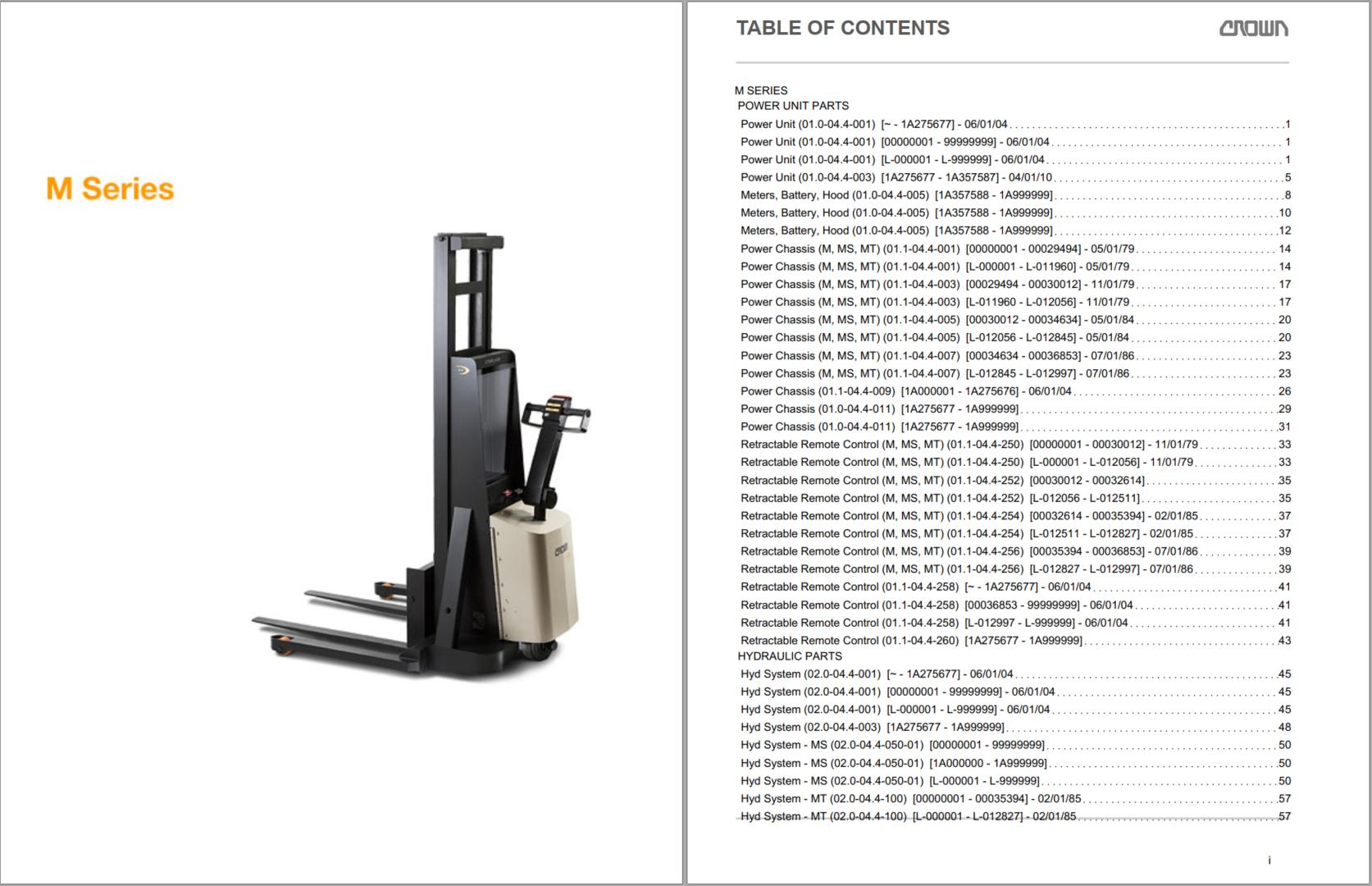 Crown Walkie Stacker M Parts Catalog Service Manual