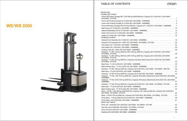 Crown Walkie Stacker WE WS 2300 Parts Catalog Service Manual