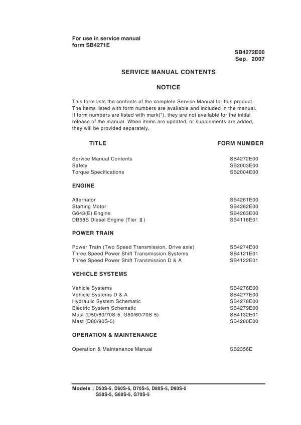 Daewoo Forklift D50S 5 to G70S 5 Service Manuals SB4271E00