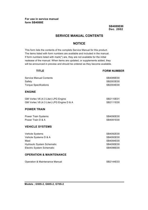 Daewoo Forklift G50S 2 to G70S 2 Service Manuals SB4089E00