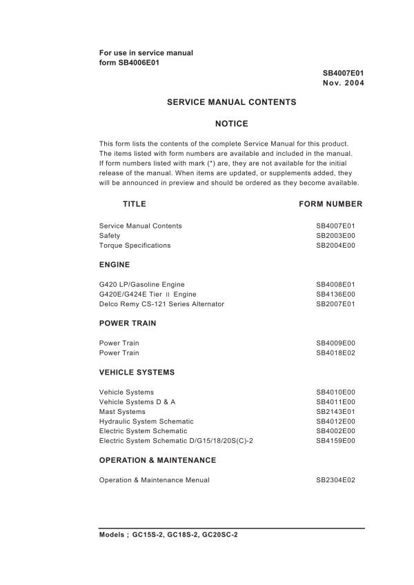 Daewoo Forklift GC15S 2 to GC20SC 2 Service Manuals SB4007E01