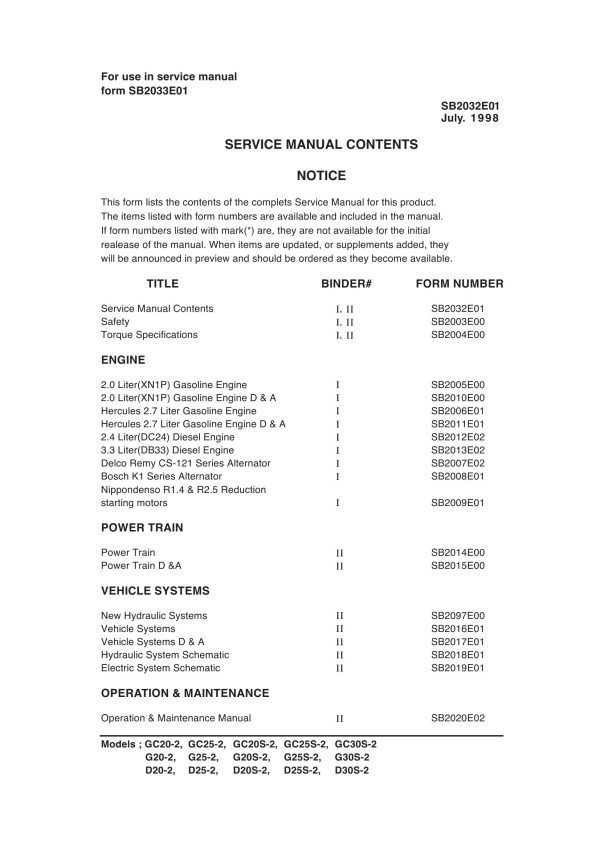 Daewoo Forklift GC20 2 to D30S 2 Service Manuals SB2032E01